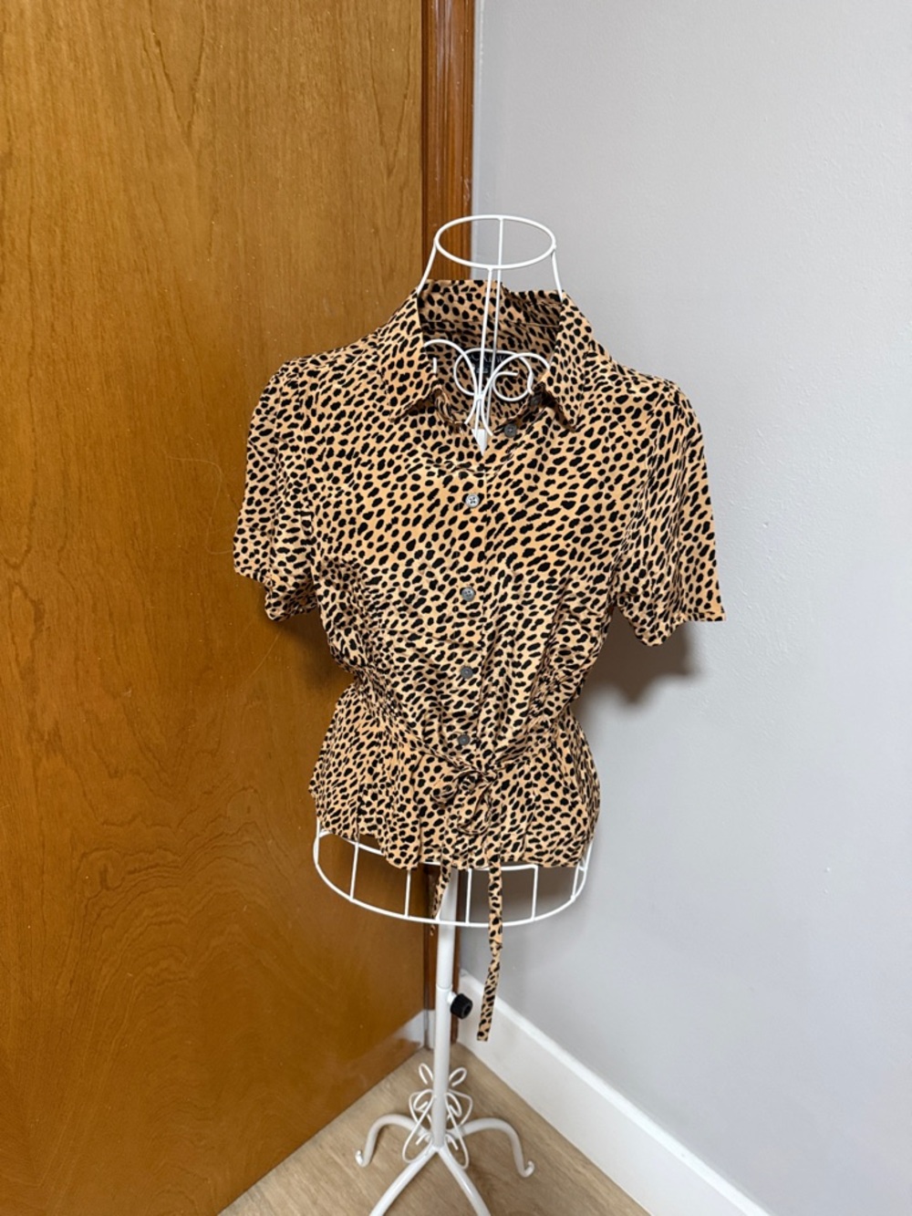 J. Crew Beige and Black Leopard Print Tie-Waist Blouse